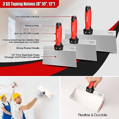 SHALL Drywall Tool Kit, 7 Pcs Stainless Steel Set Includes Putty Knife, Taping Knife, Painter Scraper Tool & 12" Mud Pan for Joint Taping, Finishing, Patching - Image 3