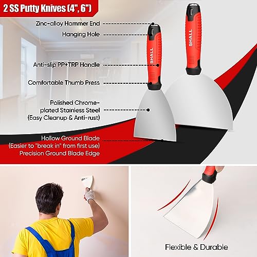 SHALL Drywall Tool Kit, 7 Pcs Stainless Steel Set Includes Putty Knife, Taping Knife, Painter Scraper Tool & 12" Mud Pan for Joint Taping, Finishing, Patching - Image 4