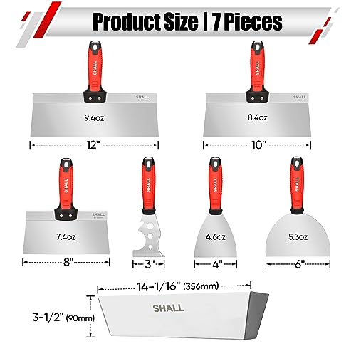 SHALL Drywall Tool Kit, 7 Pcs Stainless Steel Set Includes Putty Knife, Taping Knife, Painter Scraper Tool & 12" Mud Pan for Joint Taping, Finishing, Patching - Image 2