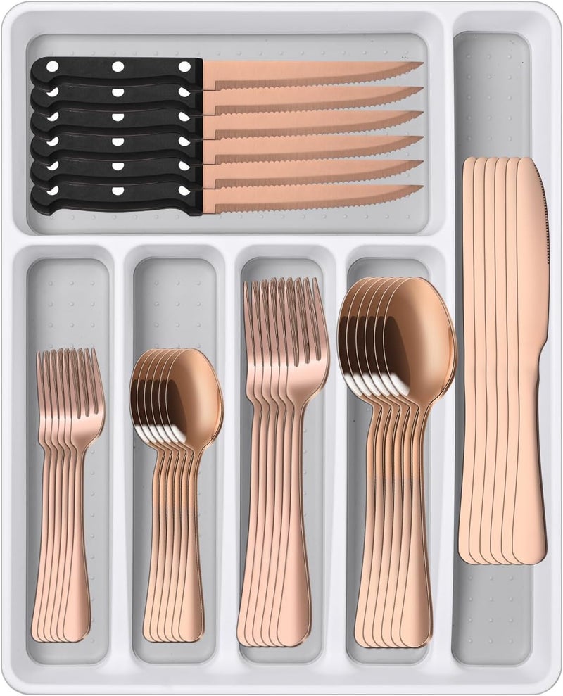 Dehov 49-Piece Rose Gold Stainless Steel Silverware Sets With Organizer And Steak Knives Service For 8,Includes Knife Spoon And Fork Untensils Sets,Flatware Sets With Cutlery Tray - Image 1