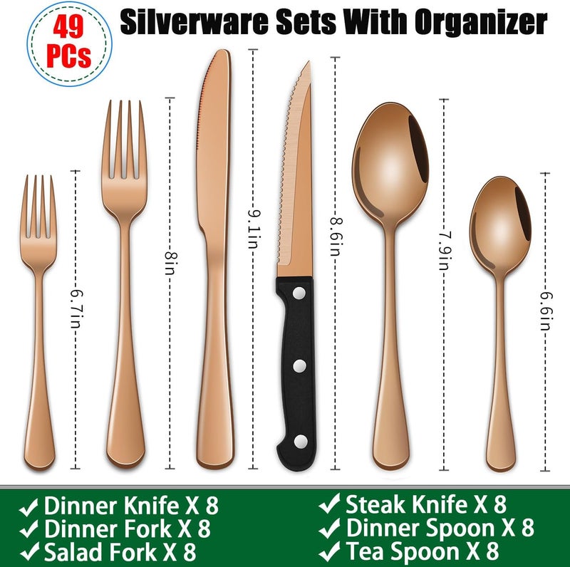 Dehov 49-Piece Rose Gold Stainless Steel Silverware Sets With Organizer And Steak Knives Service For 8,Includes Knife Spoon And Fork Untensils Sets,Flatware Sets With Cutlery Tray - Image 2