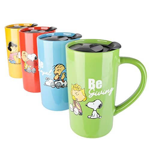 Peanuts Snoopy Gentle Reminders 18oz Travel Cup w/Lid, Stoneware, 4-Pack, Assorted Colors - Image 2