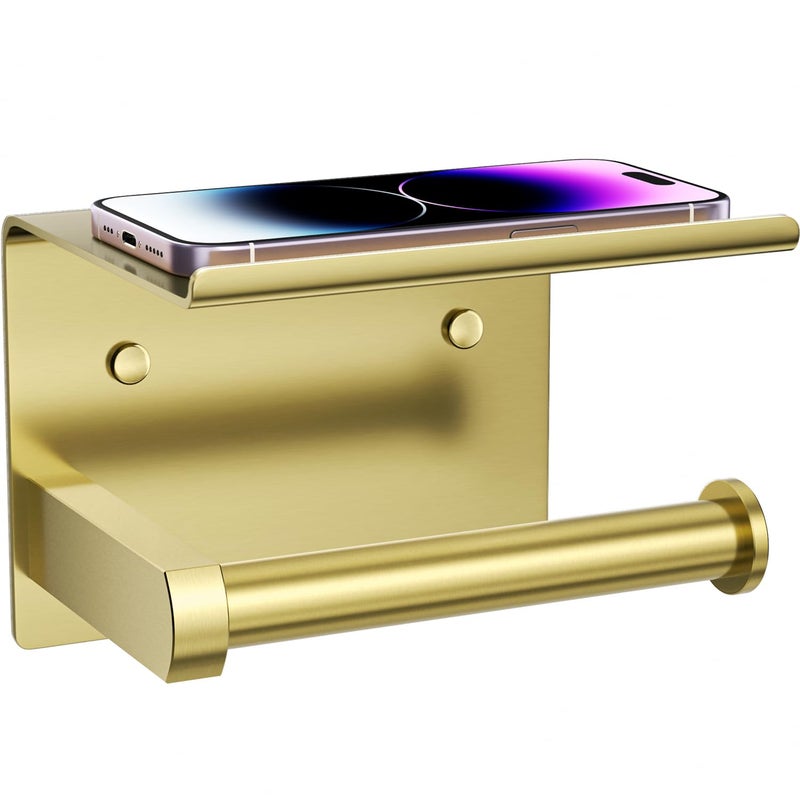 Tindbea Toilet Paper Holder with Phone Shelf Adhesive or Screw Wall Mount Toilet Tissue Roll Holder Rustproof Multifunctional Stainless Steel Bathroom Storage Dispenser Brushed Gold