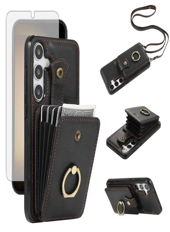 Asuwish Phone Case for Samsung Galaxy S24 Plus S24+ 5G Wallet Cell Cover with Screen Protector and Crossbody Strap Ring Stand RFID Credit Card Holder Kickstand S24plus 24S + S 24 24+ Women Girls Black - Image 1