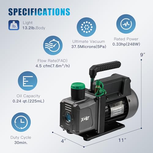 PB Motor Tech BMT PB Motor TECH 4.5CFM 1/3HP Vacuum Pump with 3-Way AC Manifold Gauge Set for R134a R12 R22 R502 - Includes Leak Detector, R134a Puncture Can Tap, and More - Image 4