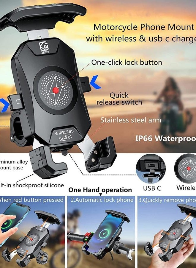 KEWIG Waterproof Motorcycle Phone Mount Qi 15W Wireless & USB C 20W Fast Chargeing Port, Automatically Lock & Quick Release Handlebar Cell Phone Holder for 4-7'' Phones - Image 3