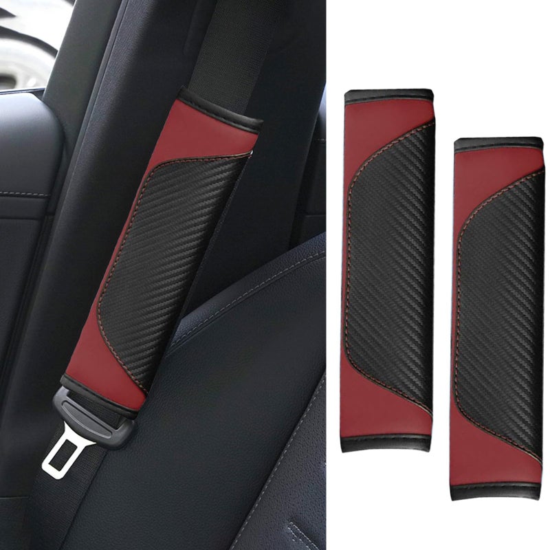 ongfuwu 2PCS Car Seat Belt Cover Pad Soft Carbon Fiber Leather Seatbelt Shoulder Protector for a More Comfortable Driving Universal Safety Belt Strap Cover to Protect Your Neck Wine Red - Image 3