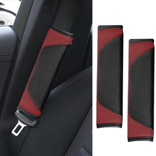 ongfuwu 2PCS Car Seat Belt Cover Pad Soft Carbon Fiber Leather Seatbelt Shoulder Protector for a More Comfortable Driving Universal Safety Belt Strap Cover to Protect Your Neck Wine Red - Image 1