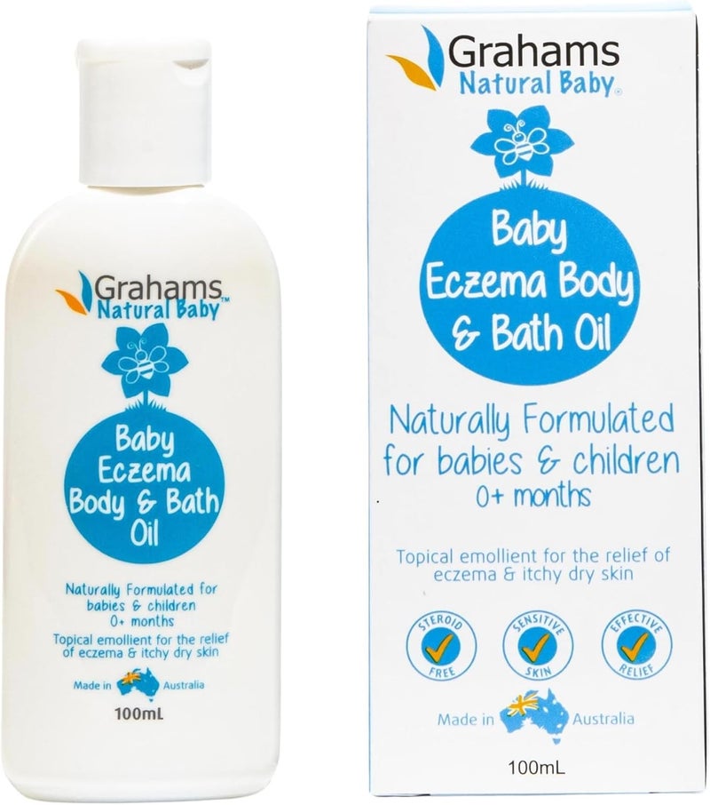 Grahams Natural زيت الجسم والاستحمام الطبيعي للأطفال من غراهام - لعلاج الإكزيما وقشرة الرأس، تخفيف للبشرة الجافة والحكة - تركيبة مثبتة سريرياً - للأعمار من 0+ أشهر إلى 12 سنة (1 × 100 مل) - Image 1