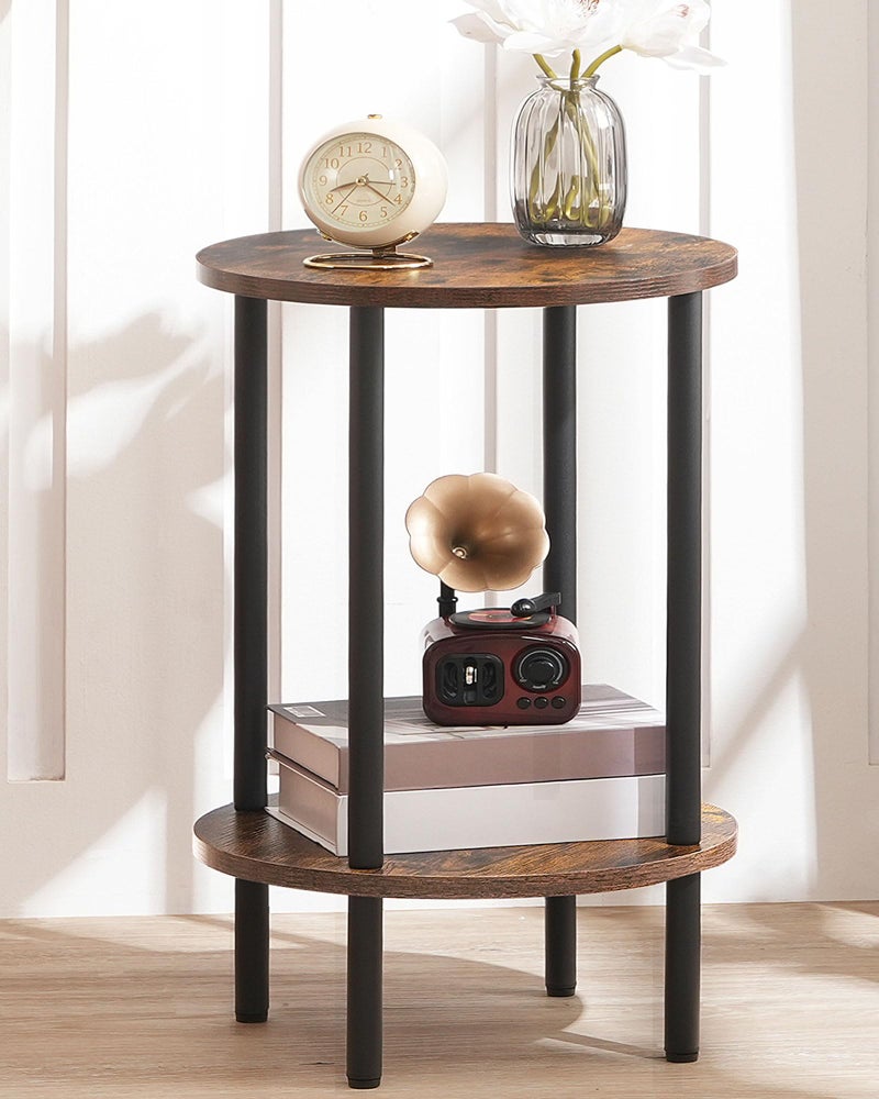 CHOEZON Round Side Table, 2-Tier End Table, Small Round Nightstand with Sturdy Metal Tube, Industrial Circular Coffee Table, for Living Room, Bedroom, Rustic Brown and Black TBZ01BF - Image 1