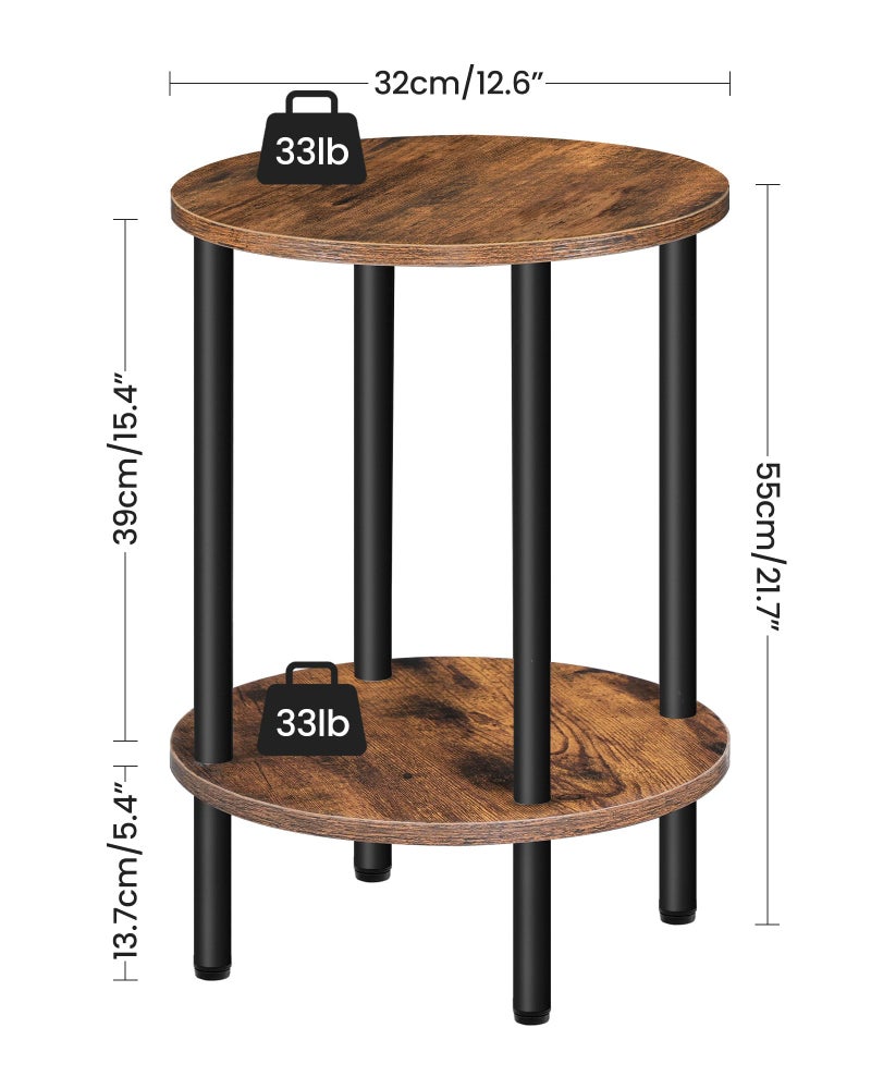 CHOEZON Round Side Table, 2-Tier End Table, Small Round Nightstand with Sturdy Metal Tube, Industrial Circular Coffee Table, for Living Room, Bedroom, Rustic Brown and Black TBZ01BF - Image 2