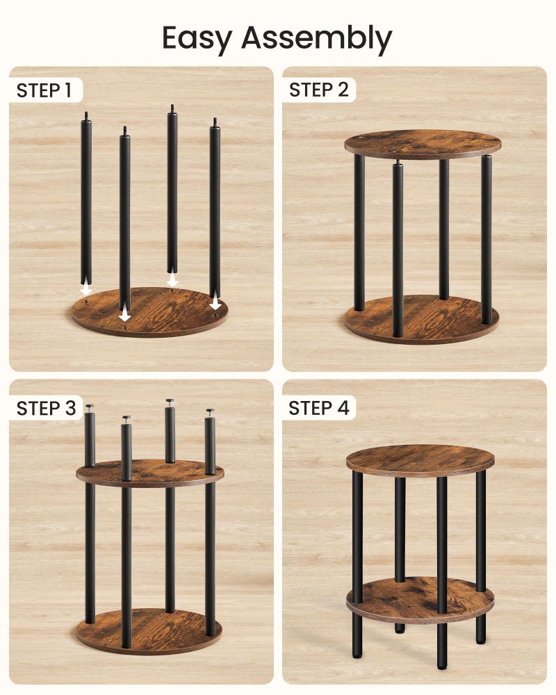 CHOEZON Round Side Table, 2-Tier End Table, Small Round Nightstand with Sturdy Metal Tube, Industrial Circular Coffee Table, for Living Room, Bedroom, Rustic Brown and Black TBZ01BF - Image 5