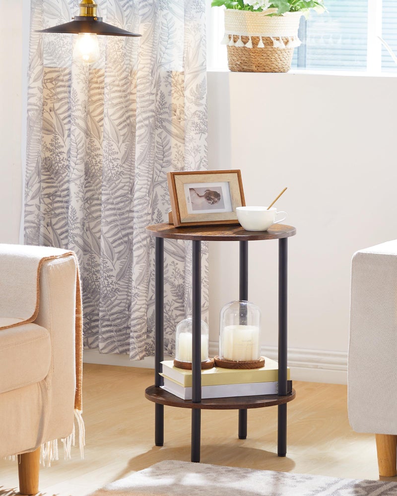 CHOEZON Round Side Table, 2-Tier End Table, Small Round Nightstand with Sturdy Metal Tube, Industrial Circular Coffee Table, for Living Room, Bedroom, Rustic Brown and Black TBZ01BF - Image 3