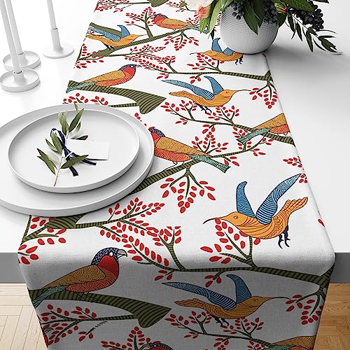 Astitva Cotton Table Runner – 13 x 45 Inches | White, Chirpy Bird Print Dining Table Cloth | Elegant 4 Seater Runner for Home & Party Decoration - Image 1