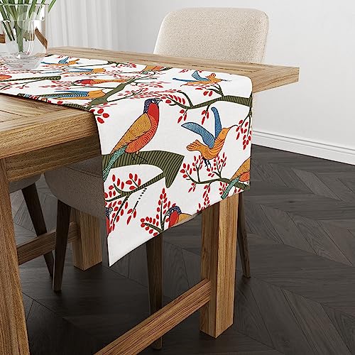Astitva Cotton Table Runner – 13 x 45 Inches | White, Chirpy Bird Print Dining Table Cloth | Elegant 4 Seater Runner for Home & Party Decoration - Image 4