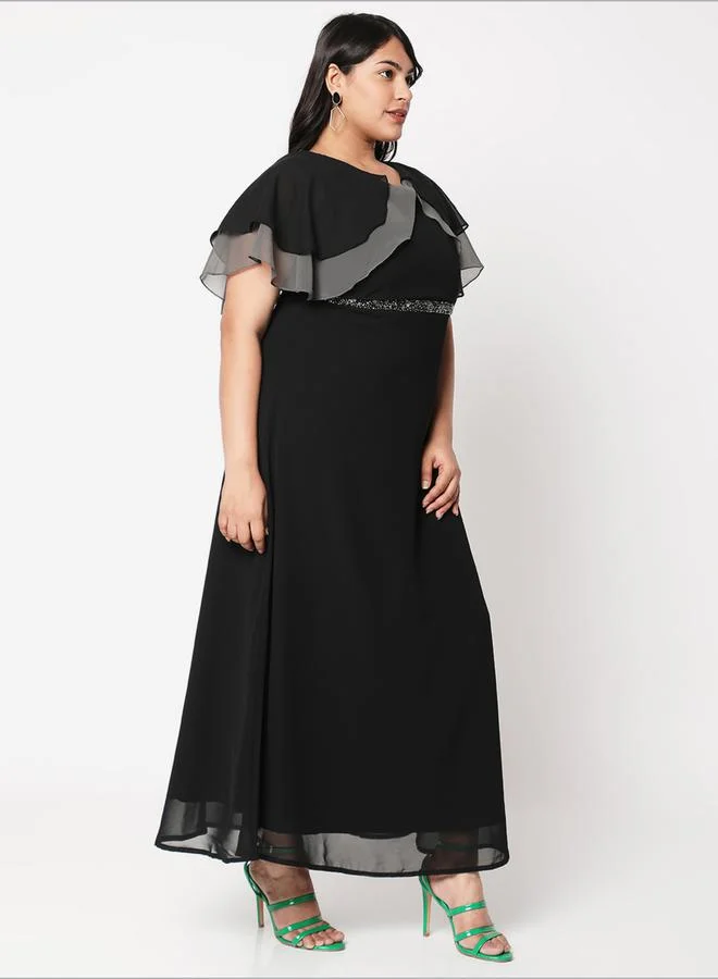 ميش Solid Layered Detail Flared Maxi Dress with Embroidered Waist by Styli