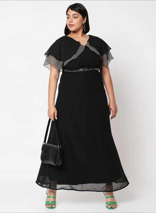 ميش Solid Layered Detail Flared Maxi Dress with Embroidered Waist by Styli