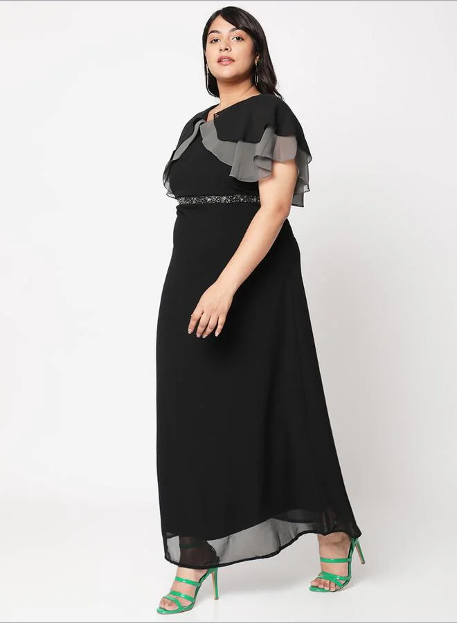 ميش Solid Layered Detail Flared Maxi Dress with Embroidered Waist by Styli