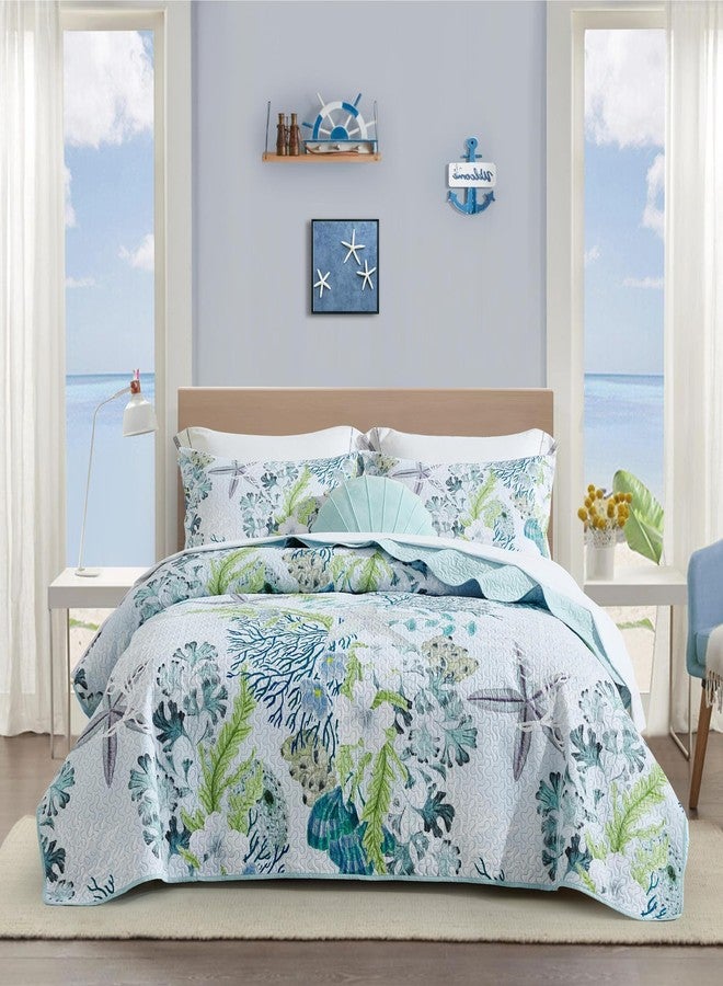 Tritard 3 Piece Coastal Beach Quilt Set Full/Queen Size Ocean Beach Themed Bedding Set Microfiber Lightweight Bedspread Coverlet with 2 Shams Starfish Coral Bed Covers for All Season, 90''x96'' - Image 1