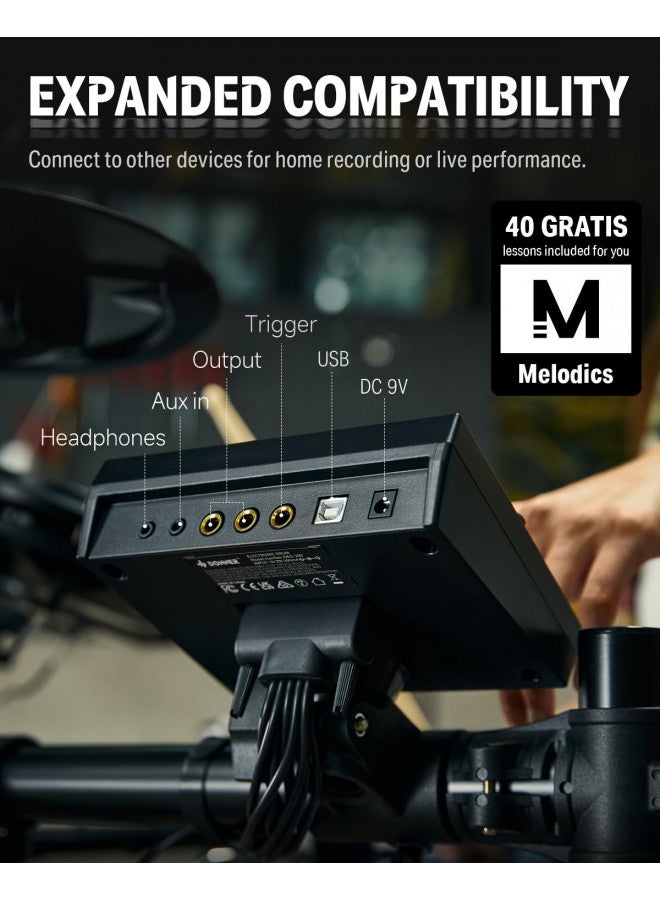 Donner DED-200X Electronic Drum Set, Electric Drum Kit with Quiet Mesh Drum Pads, 2 Cymbals w/Choke, 31 Kits and 450+ Sounds, Throne, Headphones, Sticks, USB MIDI, Melodics Lessons (5 Pads, 4 Cymbals)