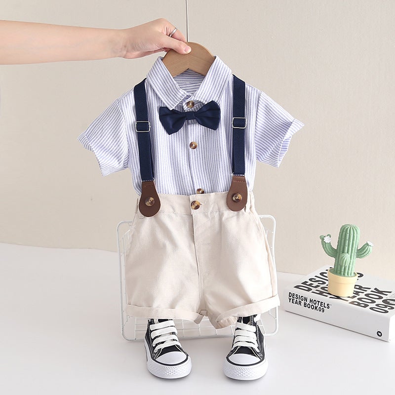 Boys Small and Medium-sized Childrens Short-sleeved Suit Summer New Style Boys and Babies Vertical Bow-tie Strap Short-sleeved Two-piece Fashionable Suit Blue