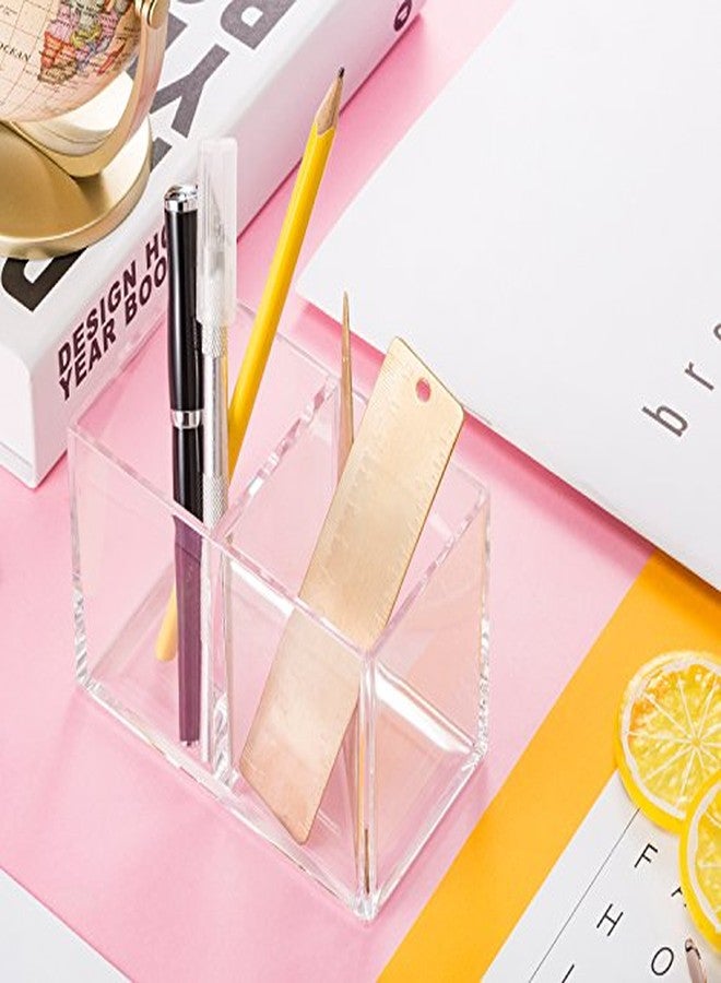 Gejoy Acrylic Pencil Pen Holder Clear Makeup Brush Organizer 2 Compartments for Desktop Stationery Office Bedroom - Image 3