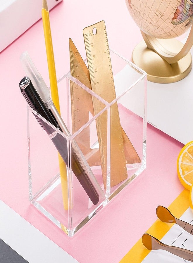 Gejoy Acrylic Pencil Pen Holder Clear Makeup Brush Organizer 2 Compartments for Desktop Stationery Office Bedroom - Image 5