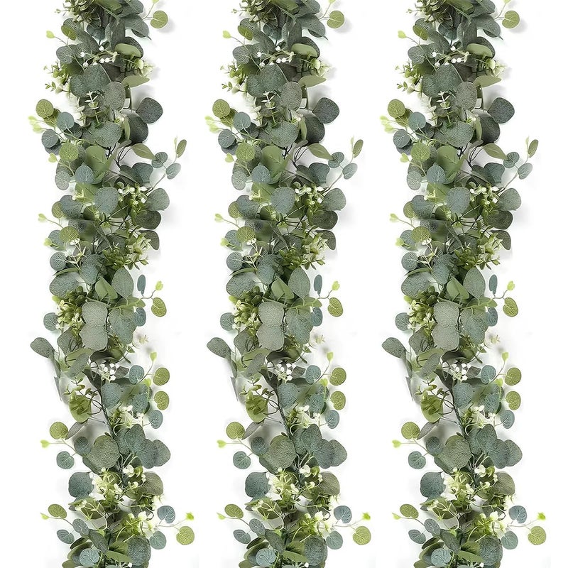 Mavee 3-Pack 5.9ft Artificial Eucalyptus Greenery Garland with Silver Dollar Leaves - Spring Table Runner Vines for Wedding Decor, Home Mantel, Wall Hanging & Party Arrangements - Image 1