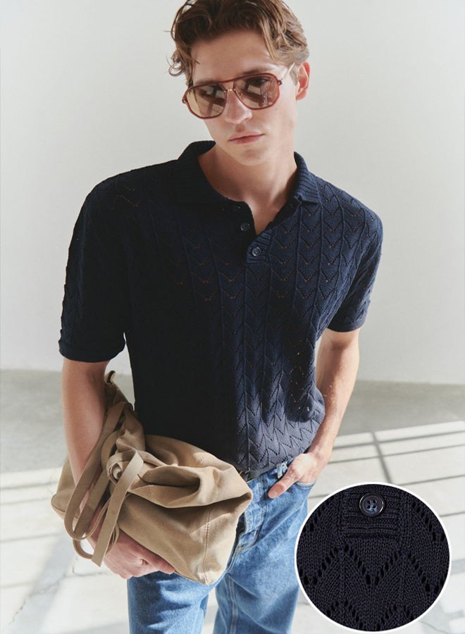 trendyol Limited Edition Navy Blue Regular Openwork Knitwear Polo Neck T-Shirt - Image 1
