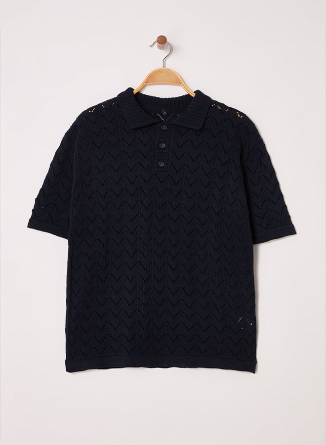 trendyol Limited Edition Navy Blue Regular Openwork Knitwear Polo Neck T-Shirt - Image 3
