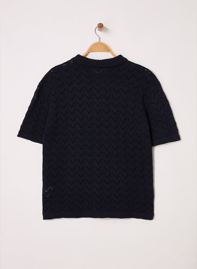 trendyol Limited Edition Navy Blue Regular Openwork Knitwear Polo Neck T-Shirt - Image 4