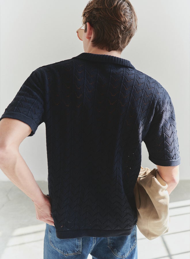 trendyol Limited Edition Navy Blue Regular Openwork Knitwear Polo Neck T-Shirt - Image 2