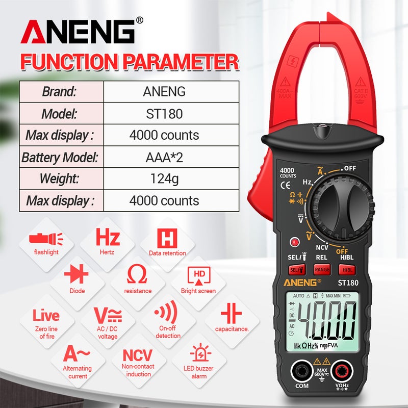 مقياس تسجيل رقمي ANENG ST180 4000 عدّ - مقياس متعدد الاستخدامات ومقياس تسجيل متعدد الاستخدامات - مقياس الفولت ومقياس التيار - مقياس الجهد الحالي المتردد والمباشر ومقياس التيار المتردد - جهاز اختبار الفولتاج غير المتصل (NCV) - مقياس عالمي ومقياس اختبار - مقياس تسجيل التيار - اختبار درجة الحرارة من -30 إلى 1000 درجة مئوية - Image 5