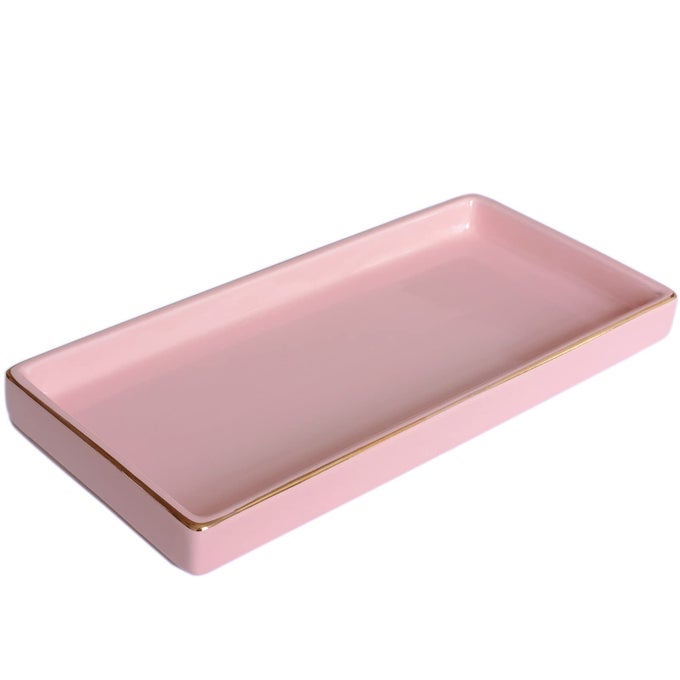 10 X 5 CERAMIC BATHROOM TRAY FOR COUNTERTOP DECORATIVE VANITY TRAY FOR DRESSER TOPS SMALL RECTANGULAR TRAYS FOR PERFUME CANDLE JEWELRY COSMETICS PINK