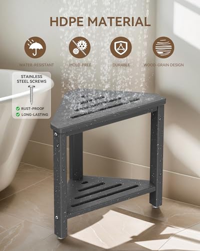 ONSGLM Shower Foot Rest 15in, HDPE Waterproof Shower Stool for Inside Shower, Corner Shower Stool for Shaving Legs with Storage Shelf for Small Space, Shower Step Stool, Plastic Corner Shower Bench, Grey - Image 4