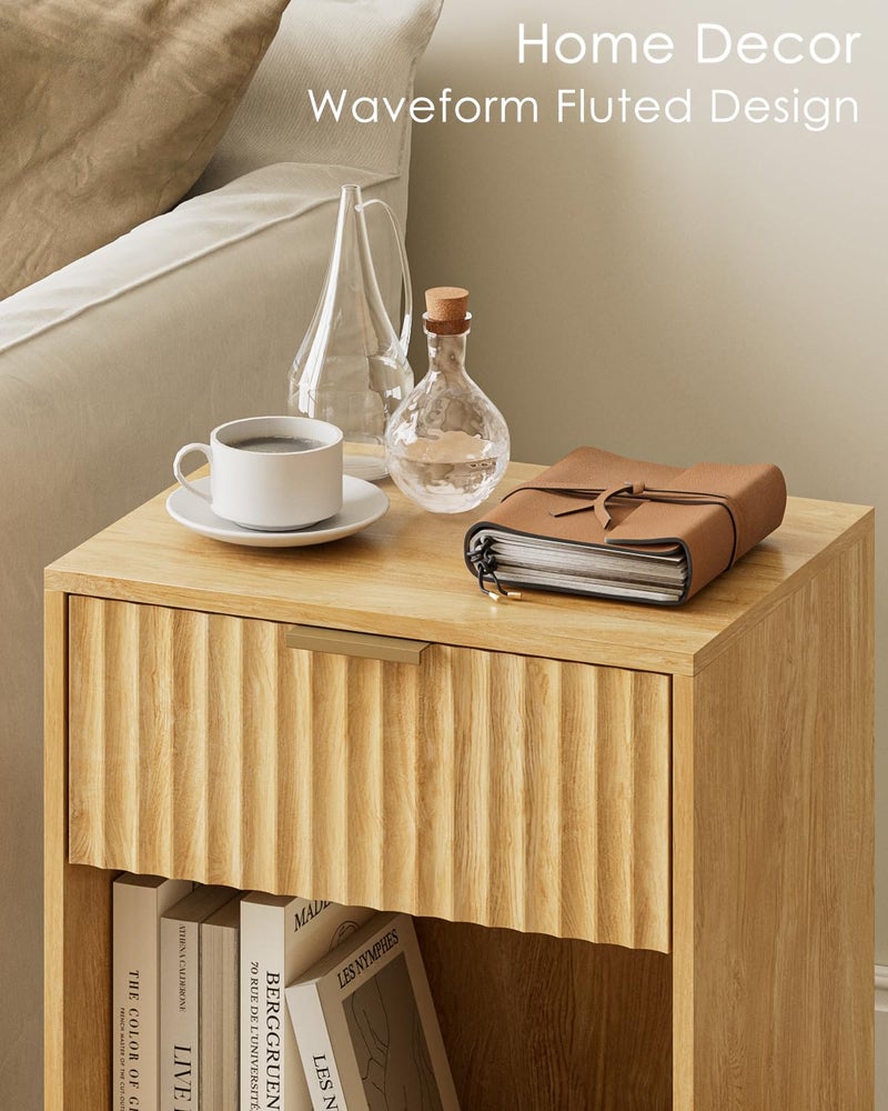 Masupu Fluted Nightstand,Modern Night Stand Wood Bedside Table with Storage Drawer Side End Table for Bedroom,Living Room,Office,Oak - Image 3