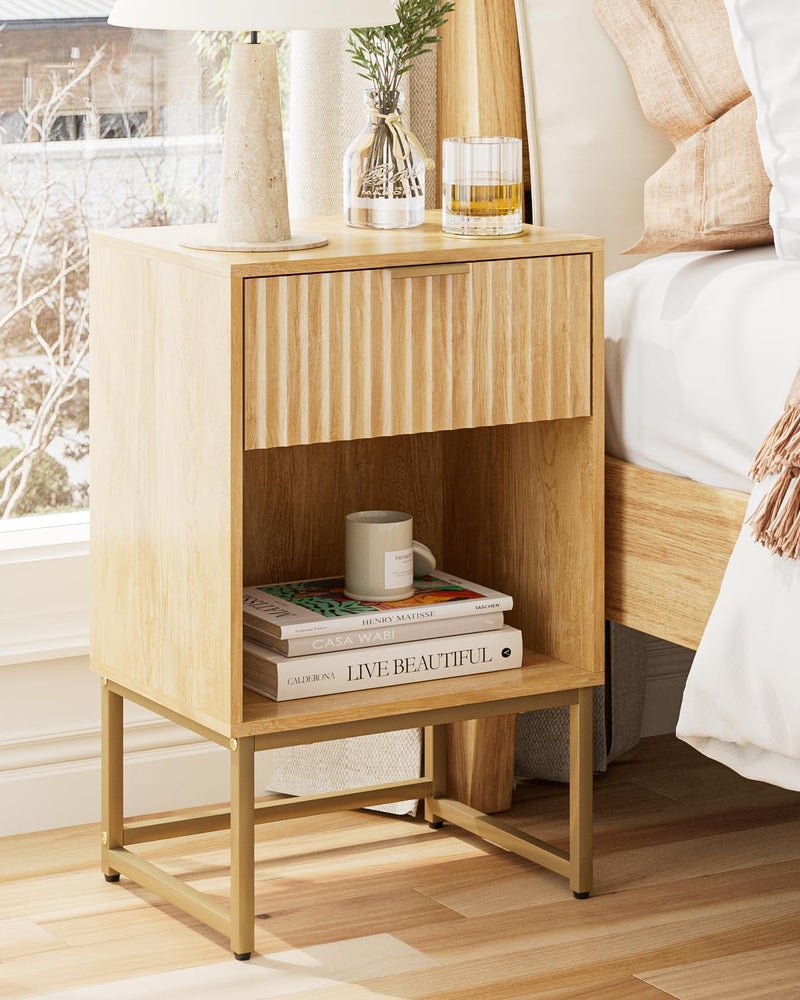 Masupu Fluted Nightstand,Modern Night Stand Wood Bedside Table with Storage Drawer Side End Table for Bedroom,Living Room,Office,Oak - Image 1