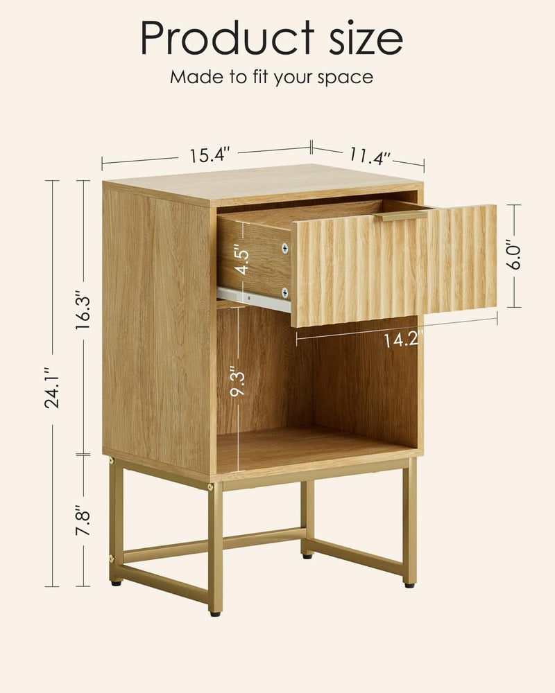 Masupu Fluted Nightstand,Modern Night Stand Wood Bedside Table with Storage Drawer Side End Table for Bedroom,Living Room,Office,Oak - Image 2