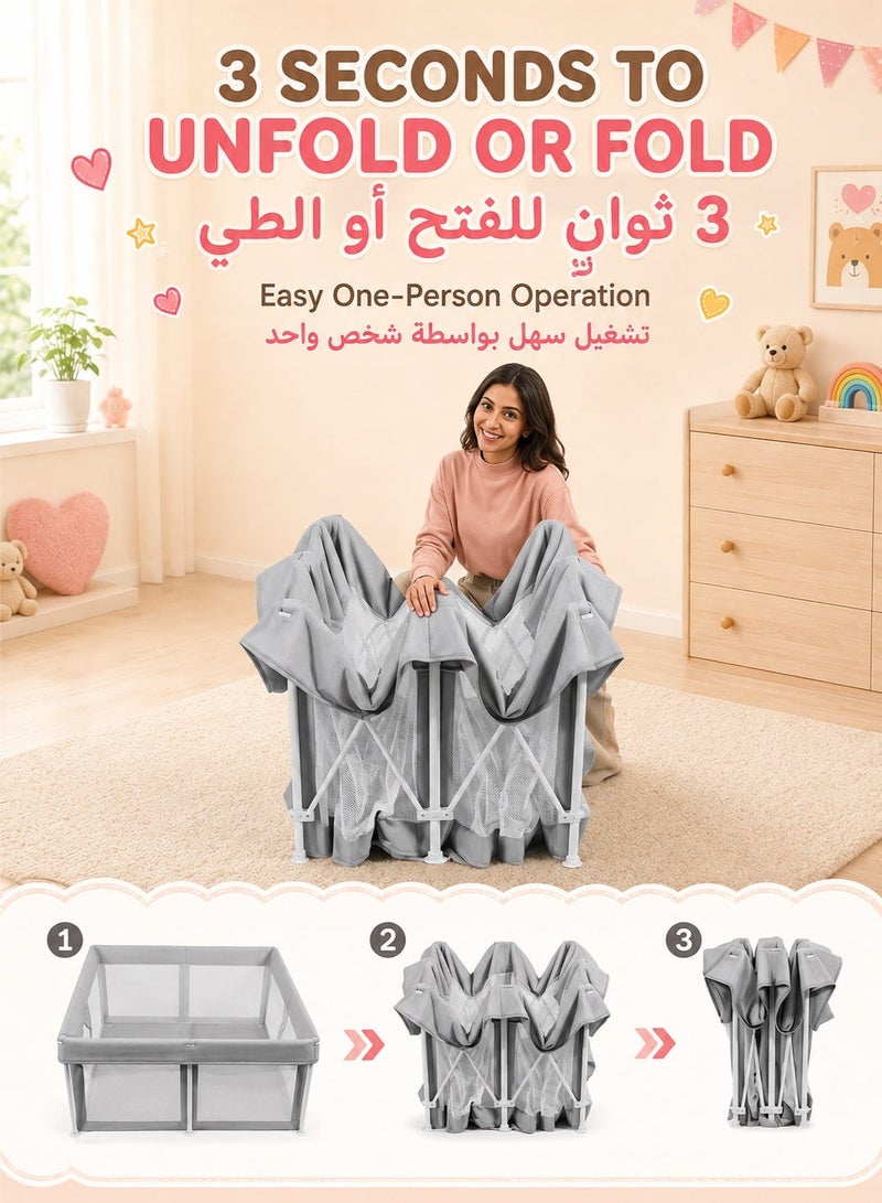 والالا حظيرة لعب قابلة للطي للأطفال، ساحة لعب للأطفال الرضع والأطفال الصغار، سياج أمان محمول للأطفال خفيف الوزن، لا يحتاج إلى تركيب، حظيرة لعب داخلية وخارجية مع حقيبة حمل وسجادة، مع كرات المحيط*20، 127*180*66 سم رمادي فاتح - Image 3