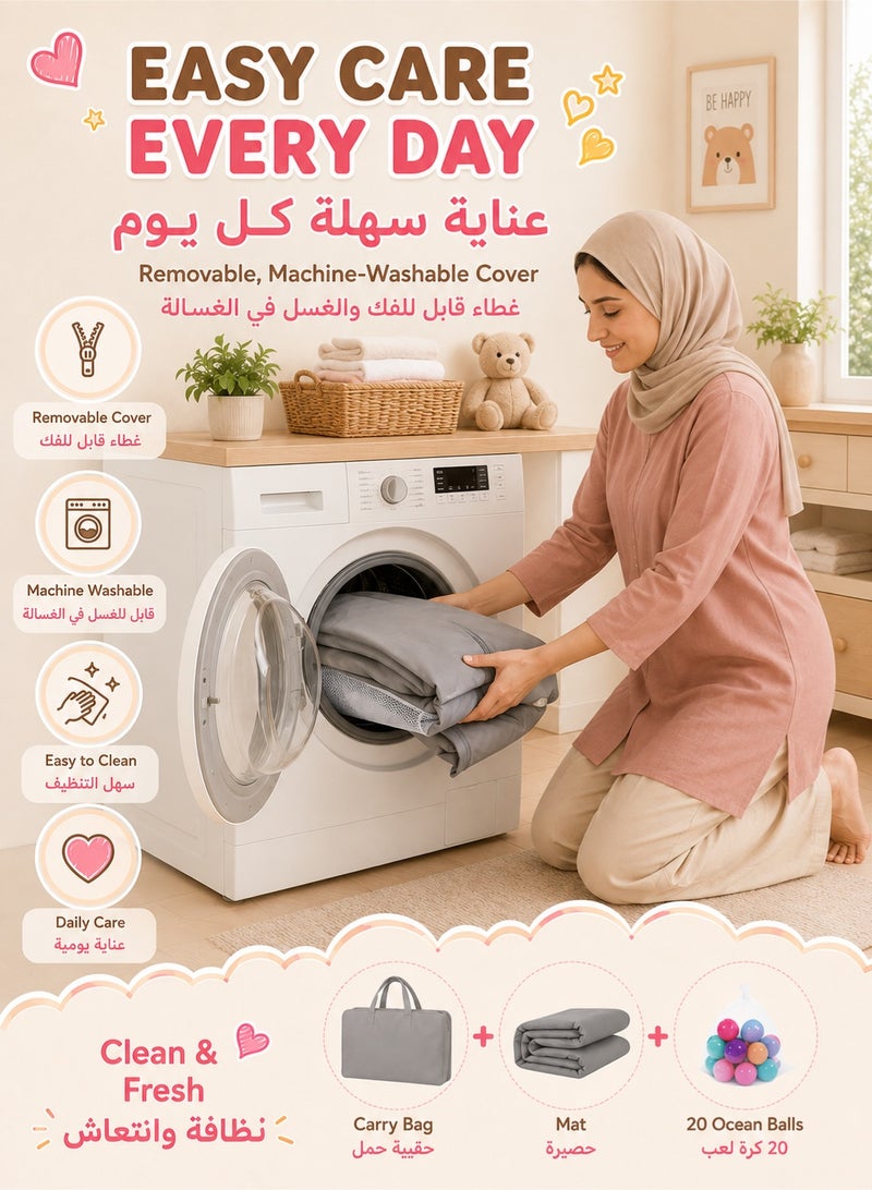 والالا حظيرة لعب قابلة للطي للأطفال، ساحة لعب للأطفال الرضع والأطفال الصغار، سياج أمان محمول للأطفال خفيف الوزن، لا يحتاج إلى تركيب، حظيرة لعب داخلية وخارجية مع حقيبة حمل وسجادة، مع كرات المحيط*20، 127*180*66 سم رمادي فاتح - Image 5