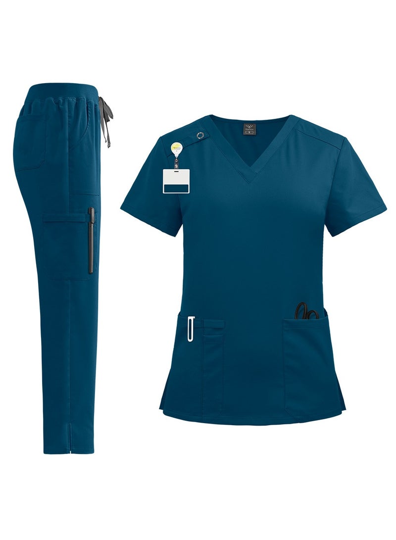 Loquat Unisex Medical Uniform Scrubs 2 Piece Set V-Neck Top and Elastic Waist Pants Suit Azure Blue  - Image 1