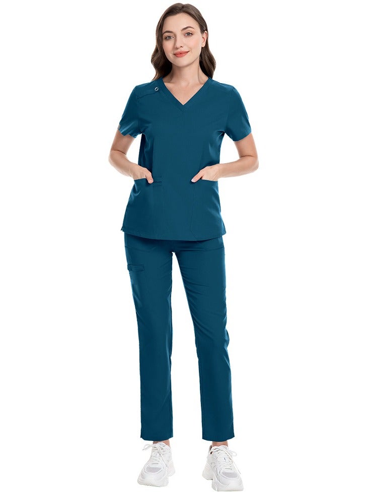 Loquat Unisex Medical Uniform Scrubs 2 Piece Set V-Neck Top and Elastic Waist Pants Suit Azure Blue  - Image 2