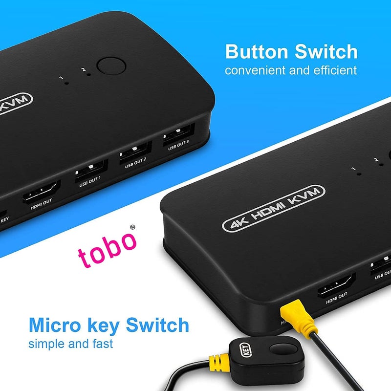Tobo 4K KVM Switch HDMI 2 Port Box, USB and HDMI Switch for 2 Computers Share Keyboard Mouse Printer and one HD Monitor, Support UHD 4K@30Hz, with Remote Controller and 2 KVM Cables - Image 2