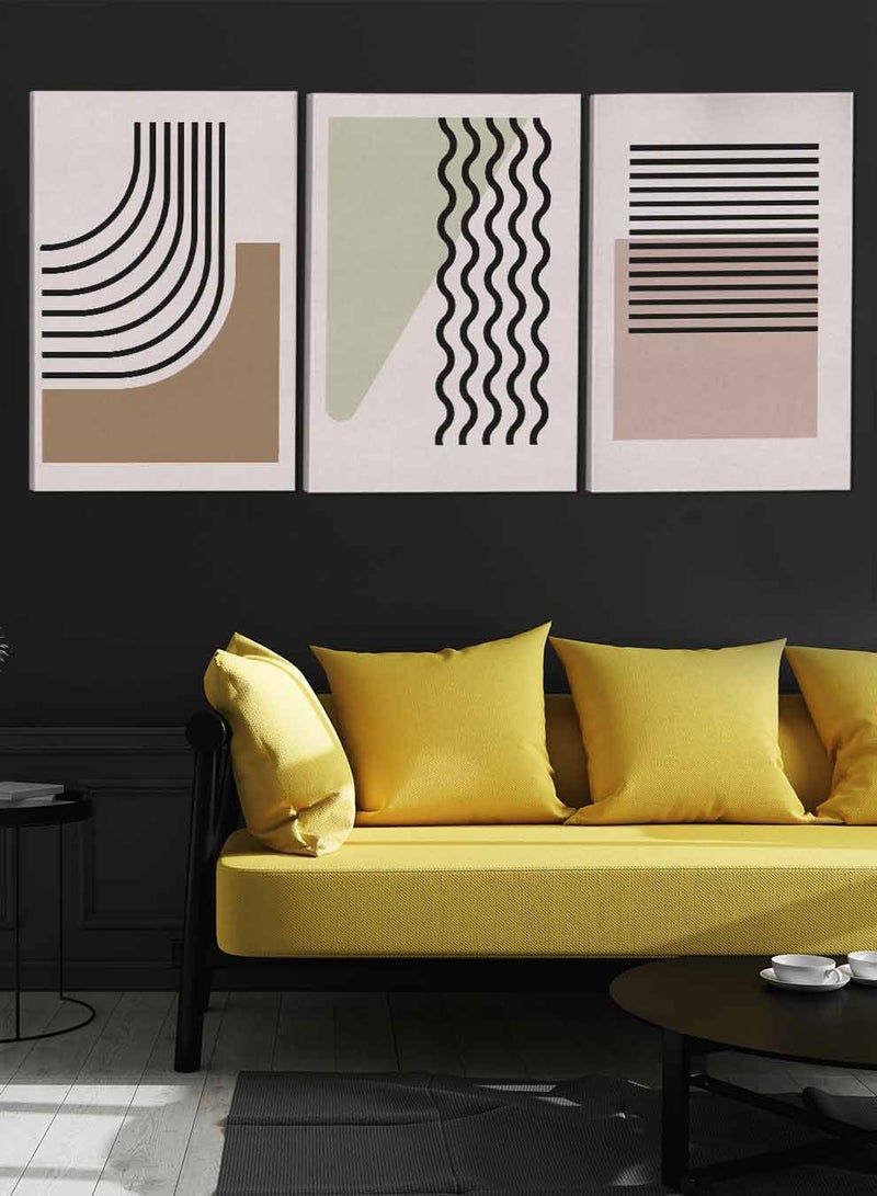 لوحة طقم من ٣ لوحات كانفاس على إطار خشبي تصميم خطوط وأشكال تجريدية للمنزل غرفة المعيشة المكتب الديكور - Image 3