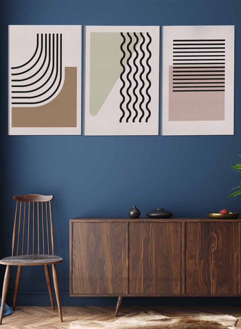 لوحة طقم من ٣ لوحات كانفاس على إطار خشبي تصميم خطوط وأشكال تجريدية للمنزل غرفة المعيشة المكتب الديكور - Image 2