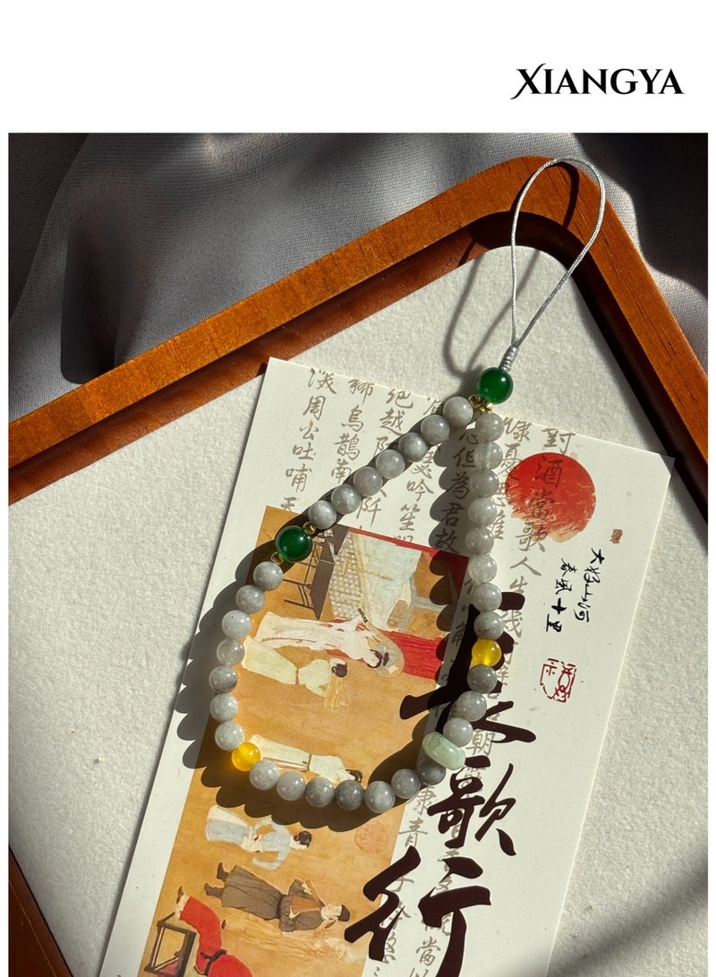XIANGYA Phone Charm Lanyard Strap – Gray Glass Bead Chain with Jadeite Accents & Xiuyan Jade Details for Phone/Bag/Keychain - Image 2