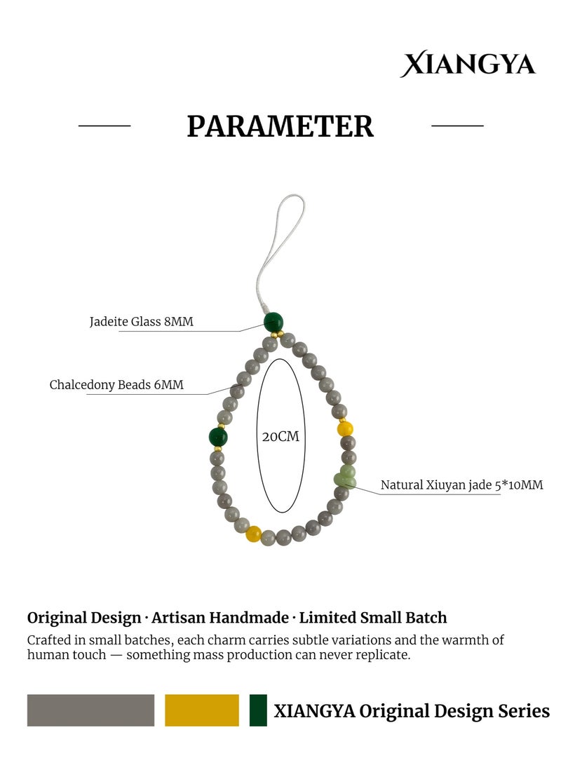XIANGYA Phone Charm Lanyard Strap – Gray Glass Bead Chain with Jadeite Accents & Xiuyan Jade Details for Phone/Bag/Keychain - Image 3