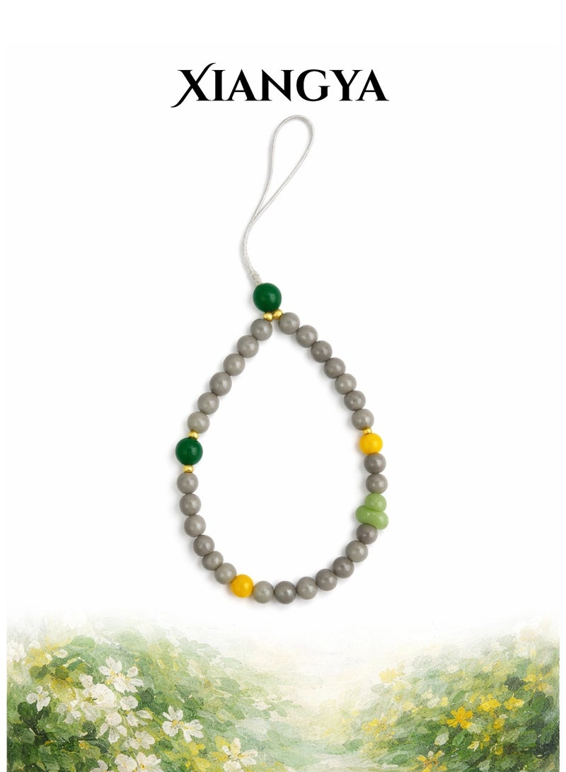 XIANGYA Phone Charm Lanyard Strap – Gray Glass Bead Chain with Jadeite Accents & Xiuyan Jade Details for Phone/Bag/Keychain - Image 1