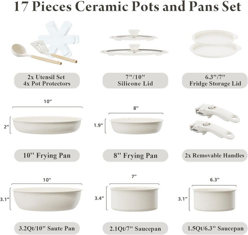 Bazova Ceramic Nonstick Cookware Set, Healthy,Non Toxic,17-Pieces Pots and Pans Set Removable Handles,Induction RV Kitchen Set,Stain & Scratch-resistant,Dishwasher/Oven Safe,PFAS/PFOA Free,Cream White - Image 2