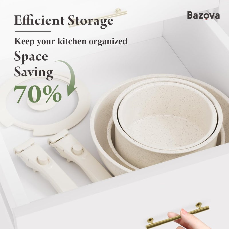 Bazova Ceramic Nonstick Cookware Set, Healthy,Non Toxic,17-Pieces Pots and Pans Set Removable Handles,Induction RV Kitchen Set,Stain & Scratch-resistant,Dishwasher/Oven Safe,PFAS/PFOA Free,Cream White - Image 3